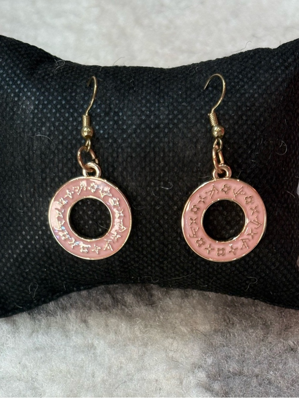Upcycled LV Donuts Pink Enamel Circle Drop Earrings